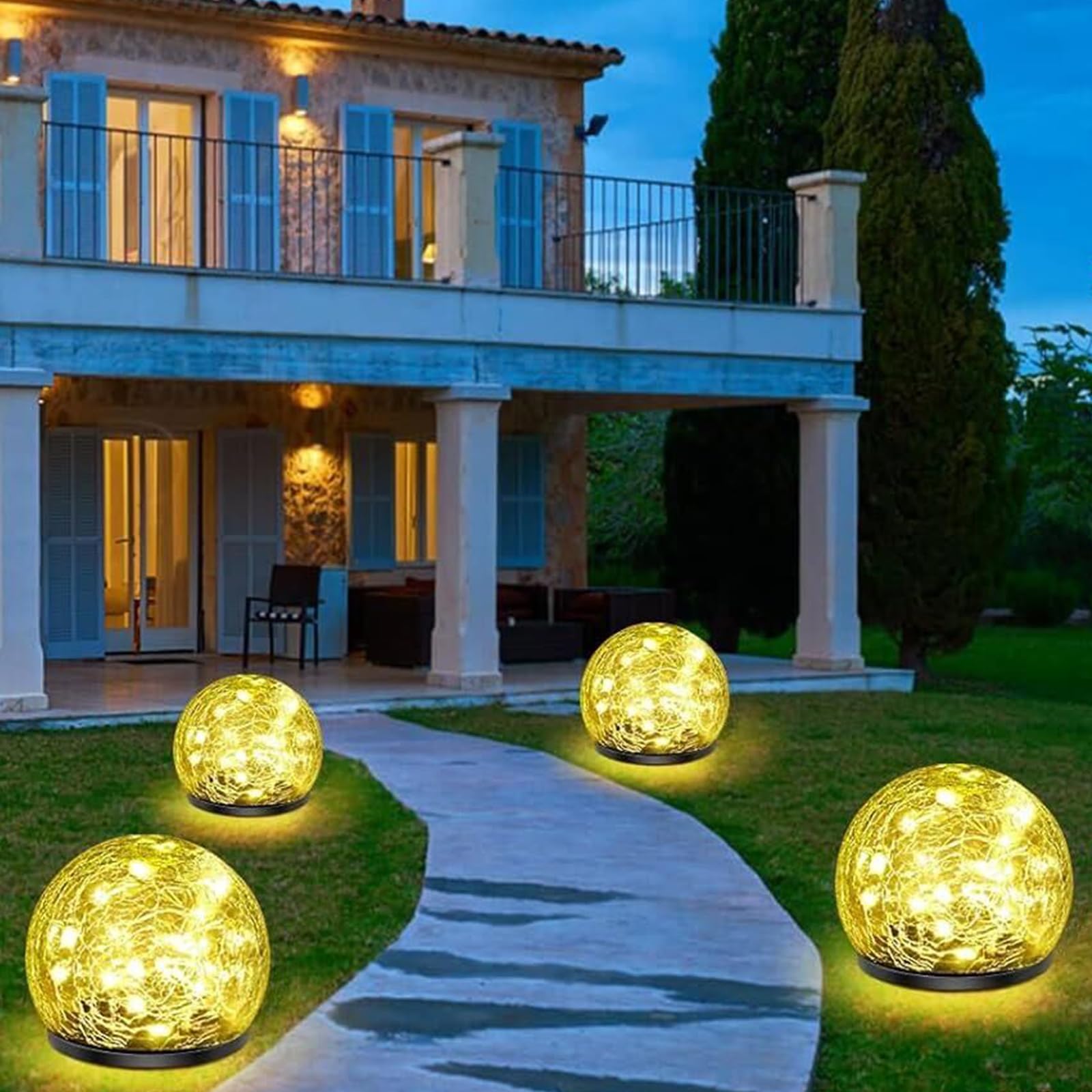 Solar-Gartenleuchten, 4 Stück, 120 LEDs, warmweiß, rissiges Glas, Solar-Außenleuchten, dekorativ, verbesserte wasserdichte Kugelleuchten für Hof, Weg, Terrasse, Rasen, Weihnachten,