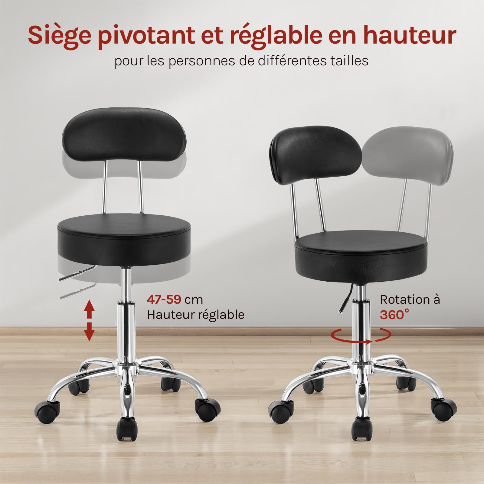 WOLTU Tabouret de Bureau Tabouret à roulettes avec Dossier,Chaise pivotante Chaise de Bureau Hauteur réglable,Noir