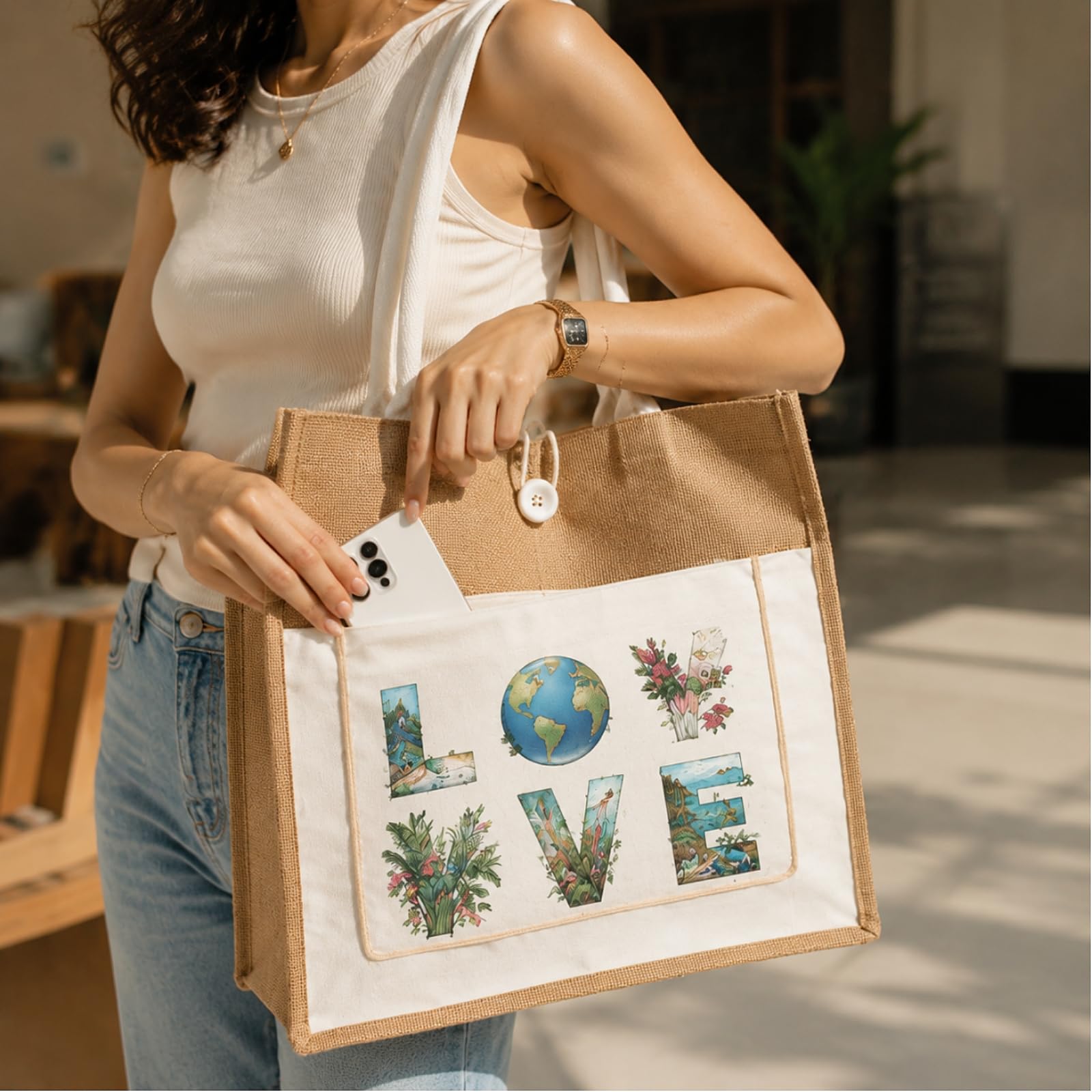 ZOOFOX Paquete de 6 bolsas de yute, bolsa de arpillera con asas, bolsa de playa grande para mujer, bolsa de dama de honor para playa, boda, compras, viajes, 16.5 x 13 x 7 pulgadas
