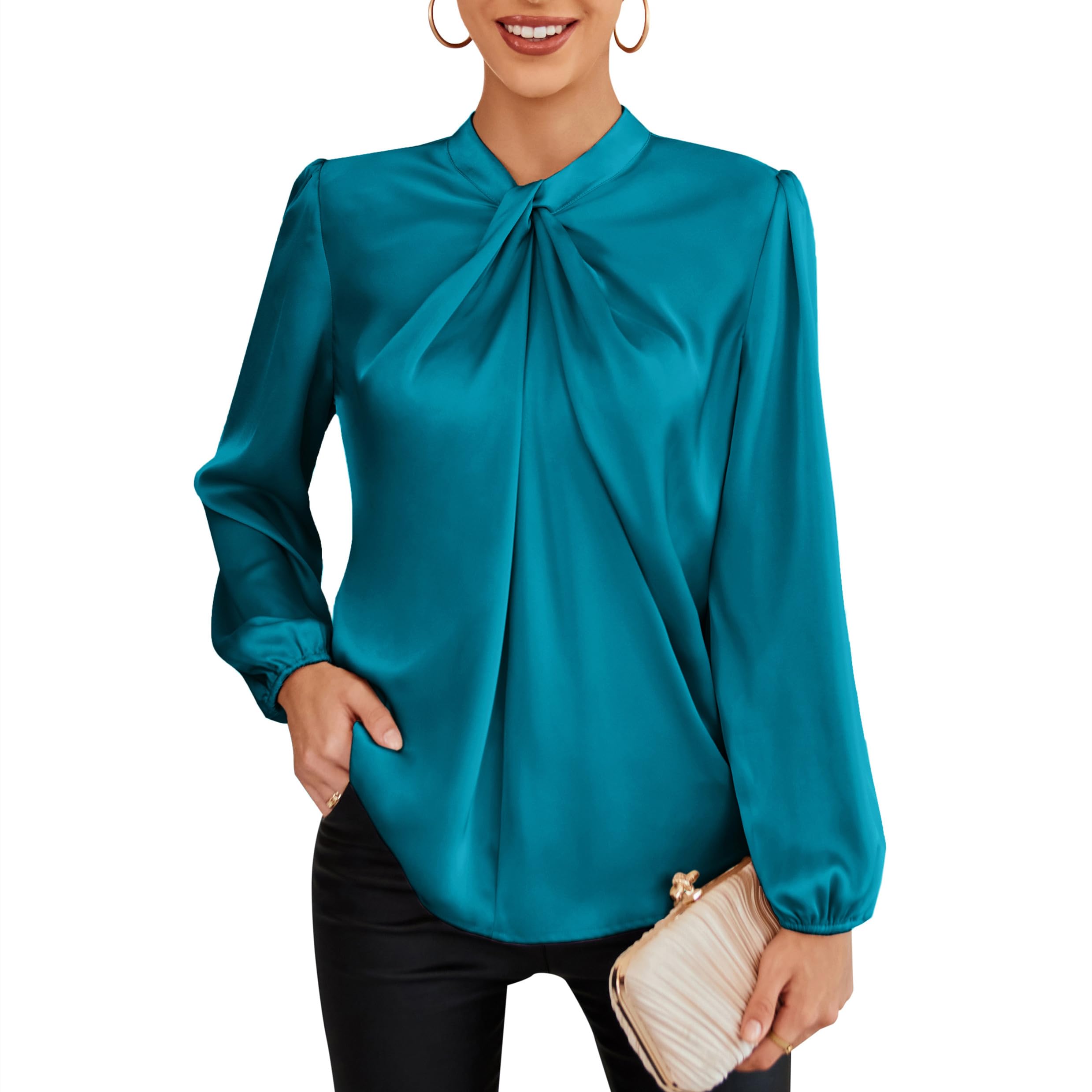 GRACE KARIN Blusa Elegante Donna Maniche Lunghe a Lanterna Tinta Unita con Scollo Rotondo da Ufficio Casual