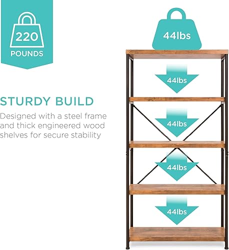 Miniatura 7 de Best Choice Products Estantería industrial rústica de 5 niveles para decoración de sala de estar dormitorio oficina con marco de metal estantes de
