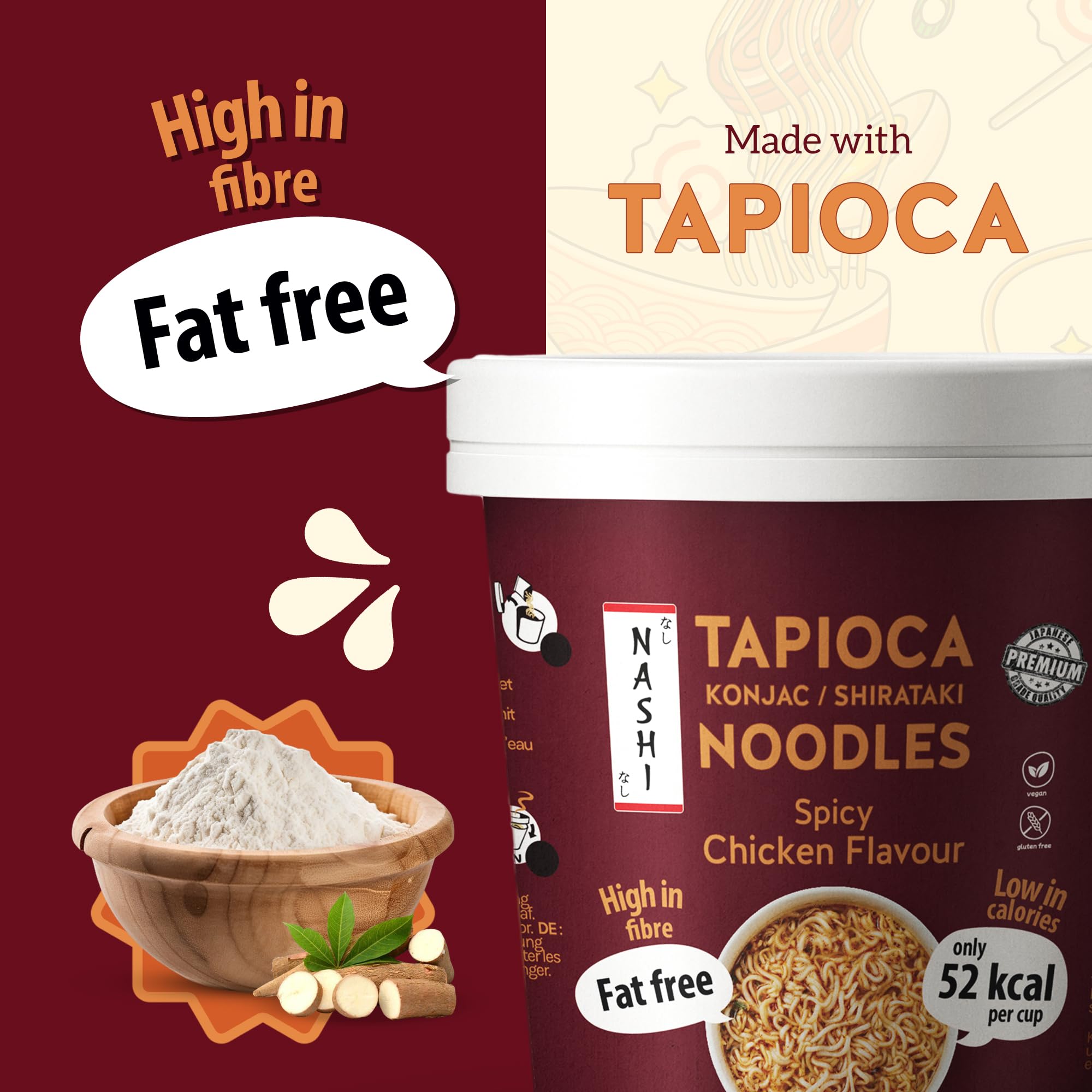 Nashi Tapioca Konjac Shirataki Noodles | Pollo Piccante (6x150g) | Senza Glutine & Grassi | Solo 52 kcal, Ricco di Fibre | Pronto da Mangiare | Alternativa Sana per Dieta Keto e Low Calorie