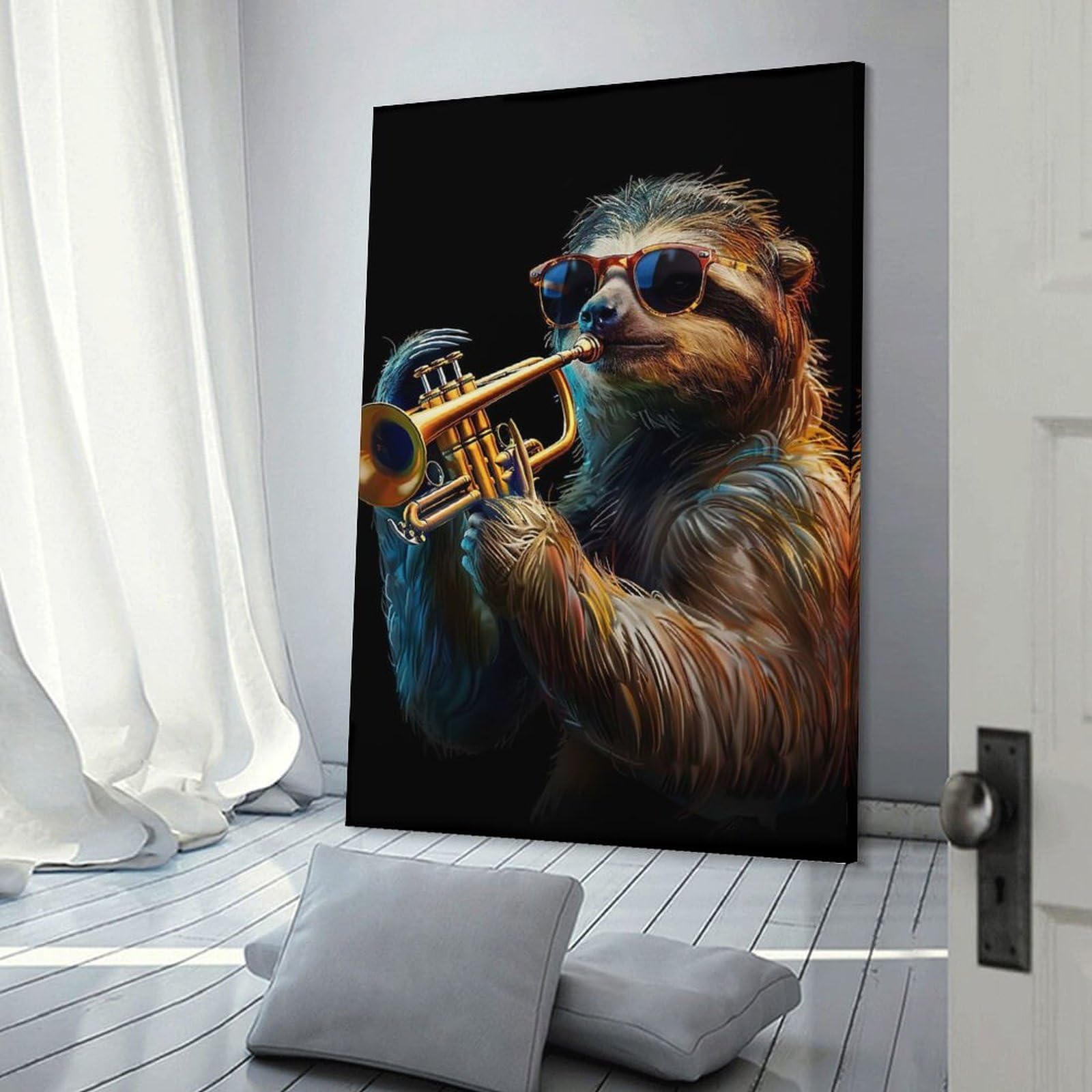 Junmoney Canvas Wall Decor Sloth Trumpet, 24x36inch(60x90cm), for Bedroom Decor, Cosy Corners Or Studios, Decorative Wall Art for Cosy Rooms