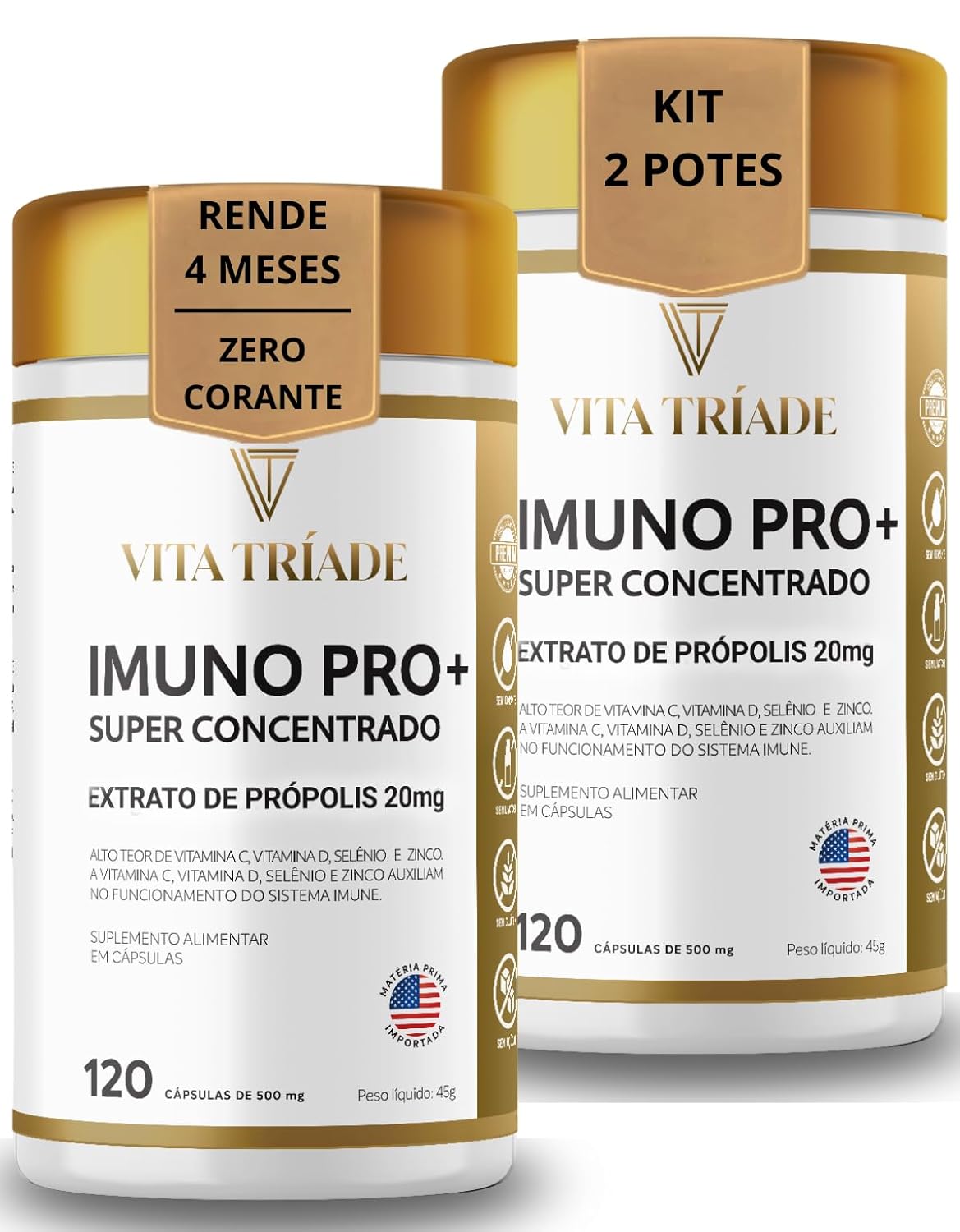 Imunidade Concentrado com Vitamina D3, C, Zinco, Selênio e Própolis Verde – IMUNO PRO+ Vita Tríade – 240 Cápsulas kit 2x