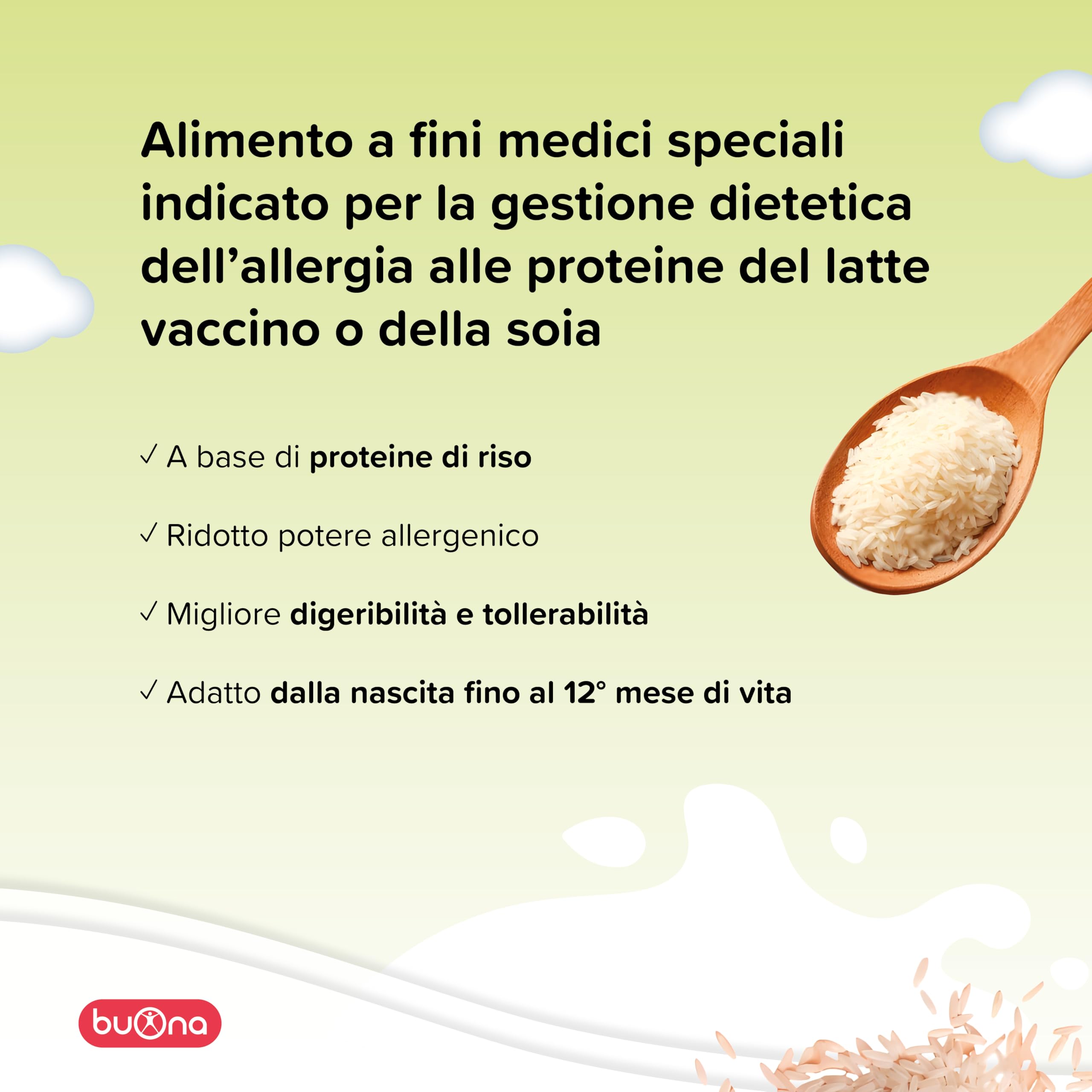 Buona BBmilk RISO PRO 0-12 Mesi, Alimento alternativo al Latte in Polvere per Neonati 400g, Alimento a Fini Medici Speciali per Neonati con Disturbi alle Proteine del Latte Vaccino o della Soia