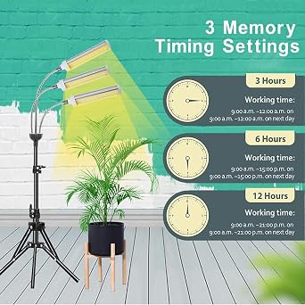 Plant Grow Light,Grow Light for Indoor Plants with 20-60'' Height Adjustable- Full Spectrum Timer, 3 Switch Modes, Adjustable Tripod Stand & Gooseneck for Larger Plants (Tri Heads)