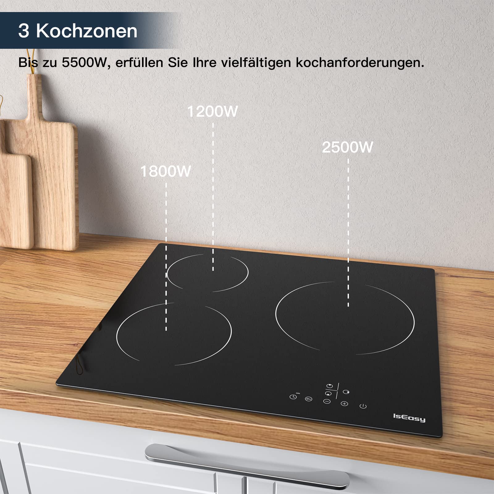 Plaque Vitrocéramique 3 Feux Encastrable, IsEasy Table de Cuisson Vitroéramique 3 Feux, 5500W, 9 Niveaux de Puissance,Plaque de cuisson Electrique 60cm, Minuteur - 5