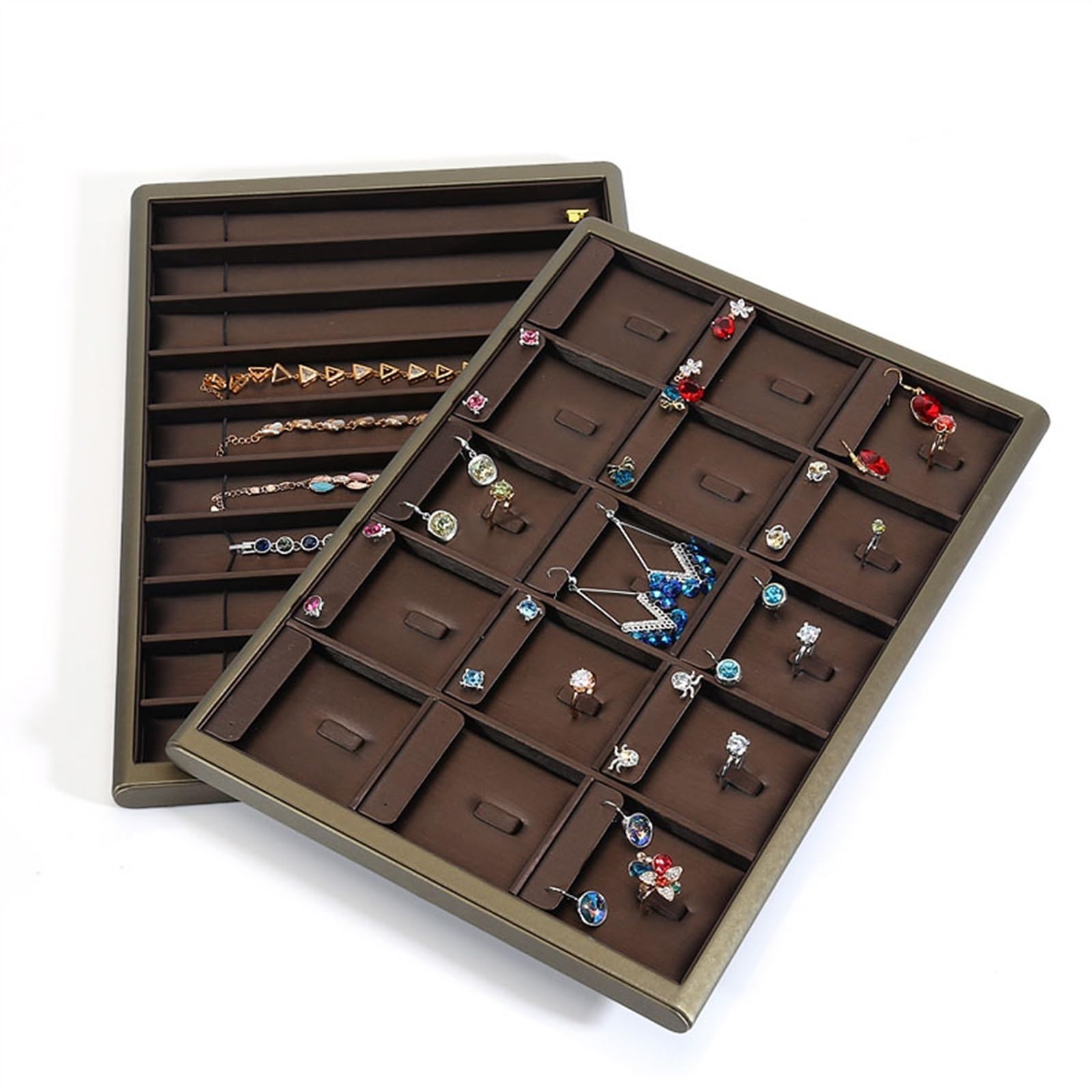 Présentoir à bijoux 15 compartiments - Plateau empilable pour bijoux en cuir - Plateau de présentation pour bijoux