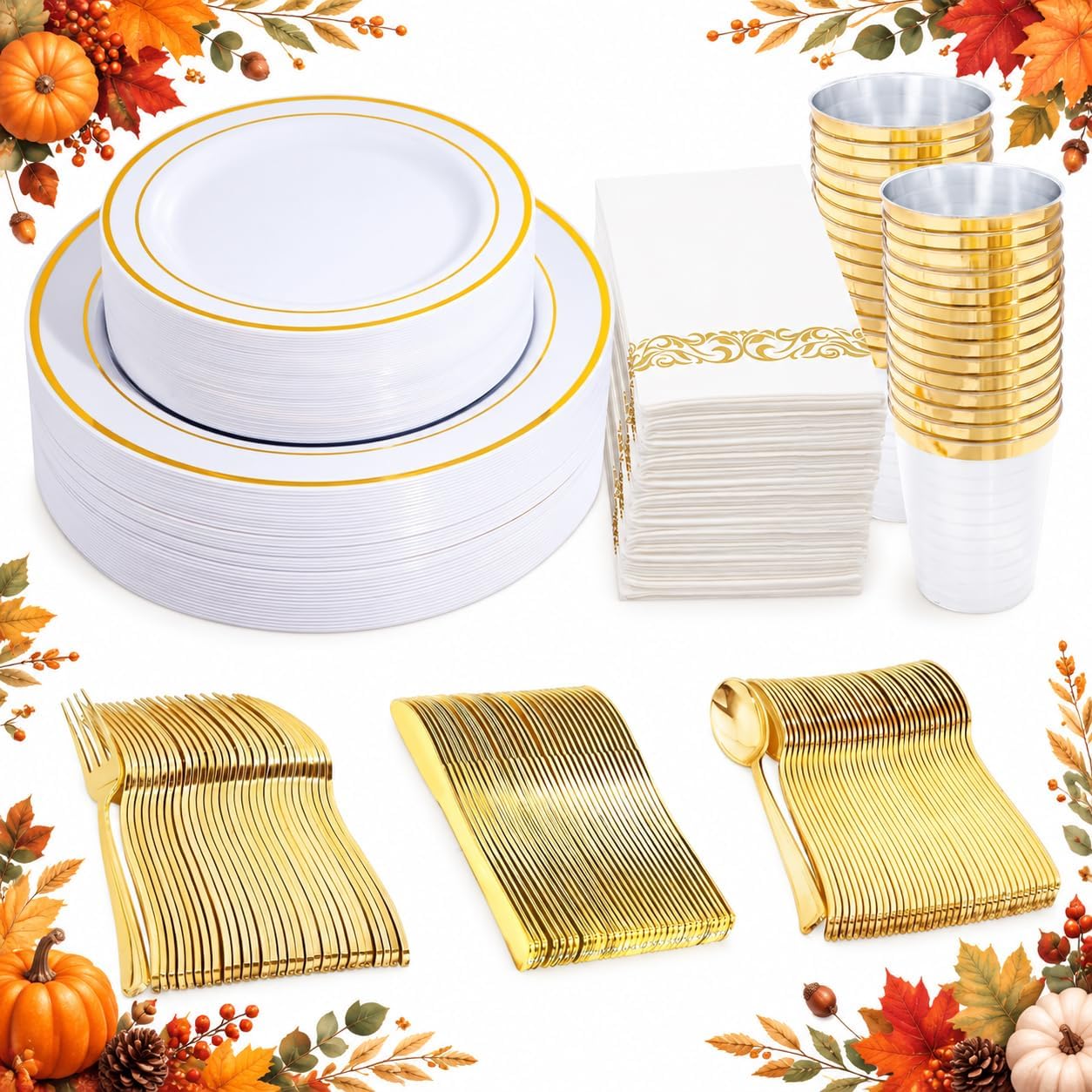 350 Pieces White and Gold Plastic Plates - 50 Guest Dinnerware Set Include 100 Plates, 50 Gold Plastic Silverware, 50 Paper Napkins and 50 Cups for Wedding/Thanksgiving/Friendsgiving/Fall Harvest