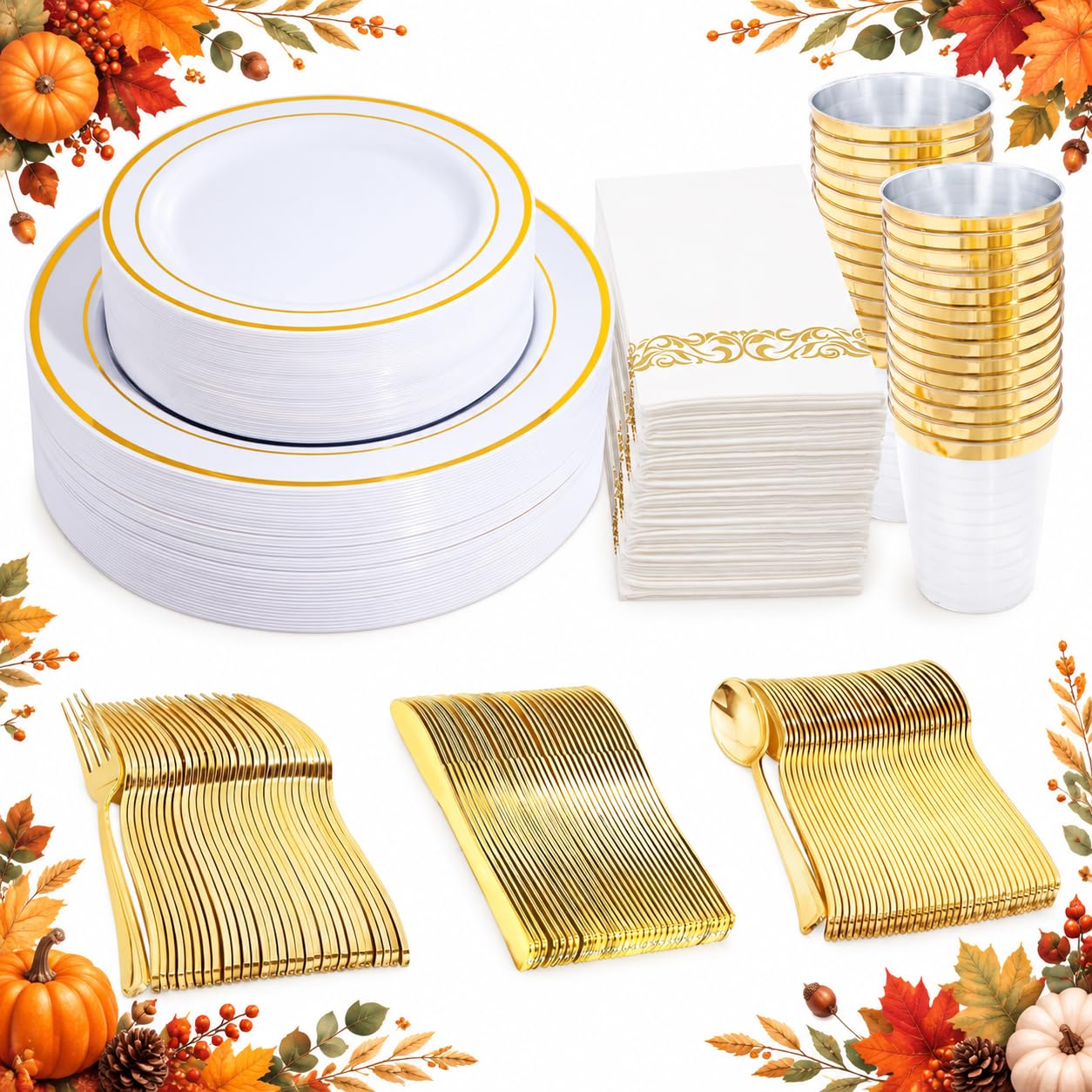 Gold Dinnerware Set for 50 Guests - Disposable Plates & Cutlery -19