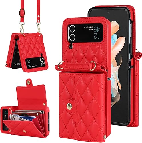 Asuwish Funda para teléfono Samsung Galaxy Z Flip 4 5G 2022 con bloqueo RFID, correa cruzada para muñeca, soporte para tarjeta de crédito, cordón de