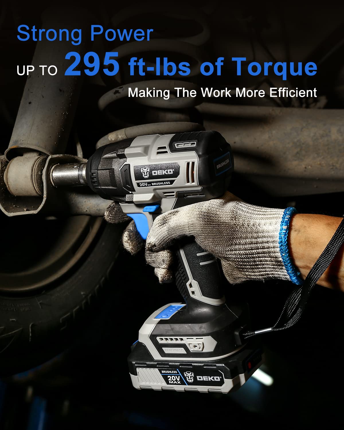 DEKOPRO Cordless Impact Wrench,20V Power impact gun, 1/2 Impact Wrench Chuck with 3200RPM, Variable Speed Tools, Max Torque 295 ft-lbs (400N.m), 1x4.0A Li-ion Battery, 1 Hour Fast Charger and Tool Bag