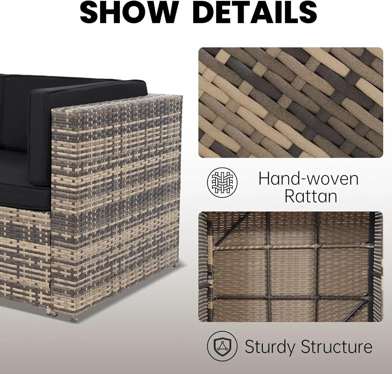 8 Pieces Outdoor Wicker Rattan Patio Furniture Sectional Set, All-Weather Wicker Patio Conversation Sets Glass Top Table with Hidden Storage for Porch Garden Backyard Balcony