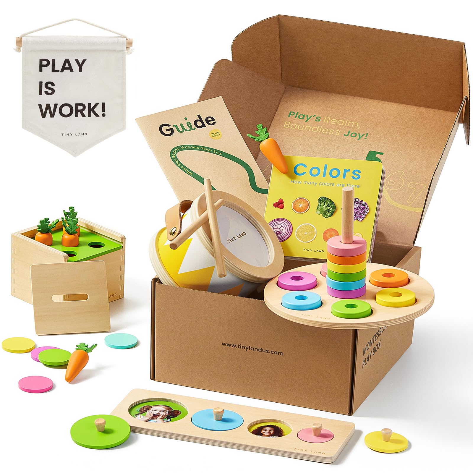 Tiny Land Montessori Toy Set for Babies Aged 13-15 Months. Explorer Playset - Baby Drum, Carrot Harvest and Coin Boxes, Stacking and Colour Adjuster, Size Matching Puzzle