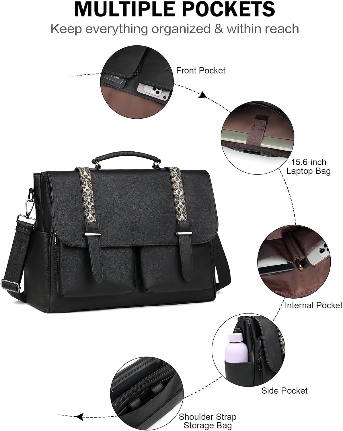 FADEON Messenger Bag for Women, Designer Leather Satchel Backpack Purses Large Laptop Briefcase Multi Pocket Shoulder Bags