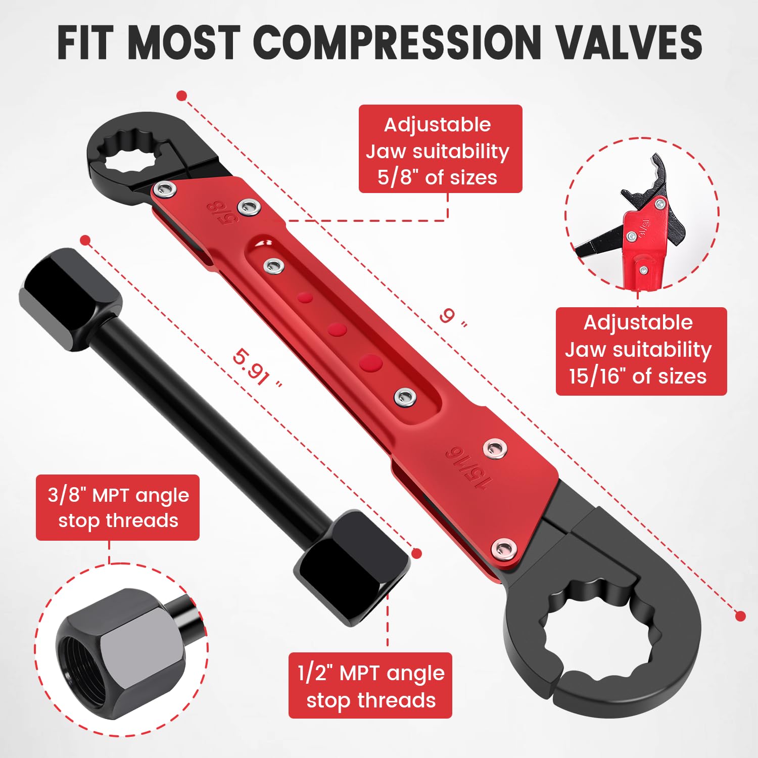 Kit de 6 herramientas de fontanería con llave de tope angular y extractor de manga de compresión de 1/2 pulgada, llave de fontanero profesional, papel de lija y bolsa de almacenamiento para