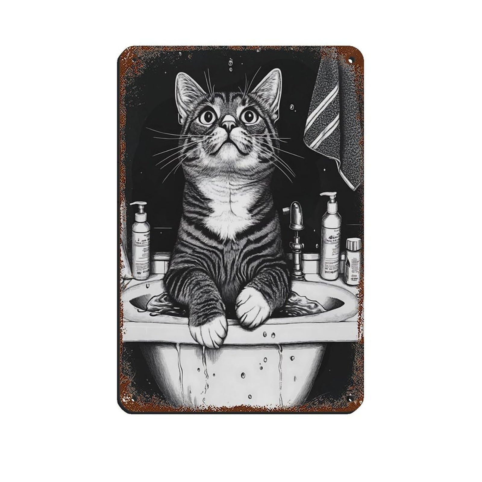 Lxwnze 20L X 30W Cm Whimsical Cat In Sink Bathroom Tin Sign Vintage Metal Pub Club Cafe Bar Home Wall Art Decoration Poster Retro 8X12inch(20X30cm)