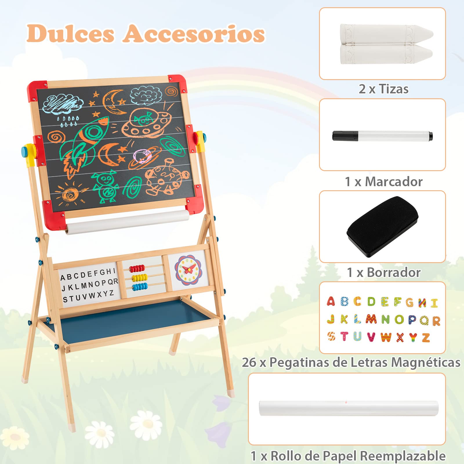 COSTWAY Caballete Pizarra de Madera para Niños, 3 en 1 Pizarra Blanca Caballete Infantil, Bandeja de Almacenaje, Rollo de Papel, Ábaco Educativo, Reloj & Alfabeto, Tablero de Dibujo de Doble Cara
