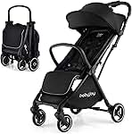BABY JOY Lightweight Baby Stroller, Compact Travel Stroller for Airplane, Infant Toddler Stroller w/Adjustable Backrest & Canopy, Storage Basket, Self Standing Gravity Fold, Aluminium Frame (Black)