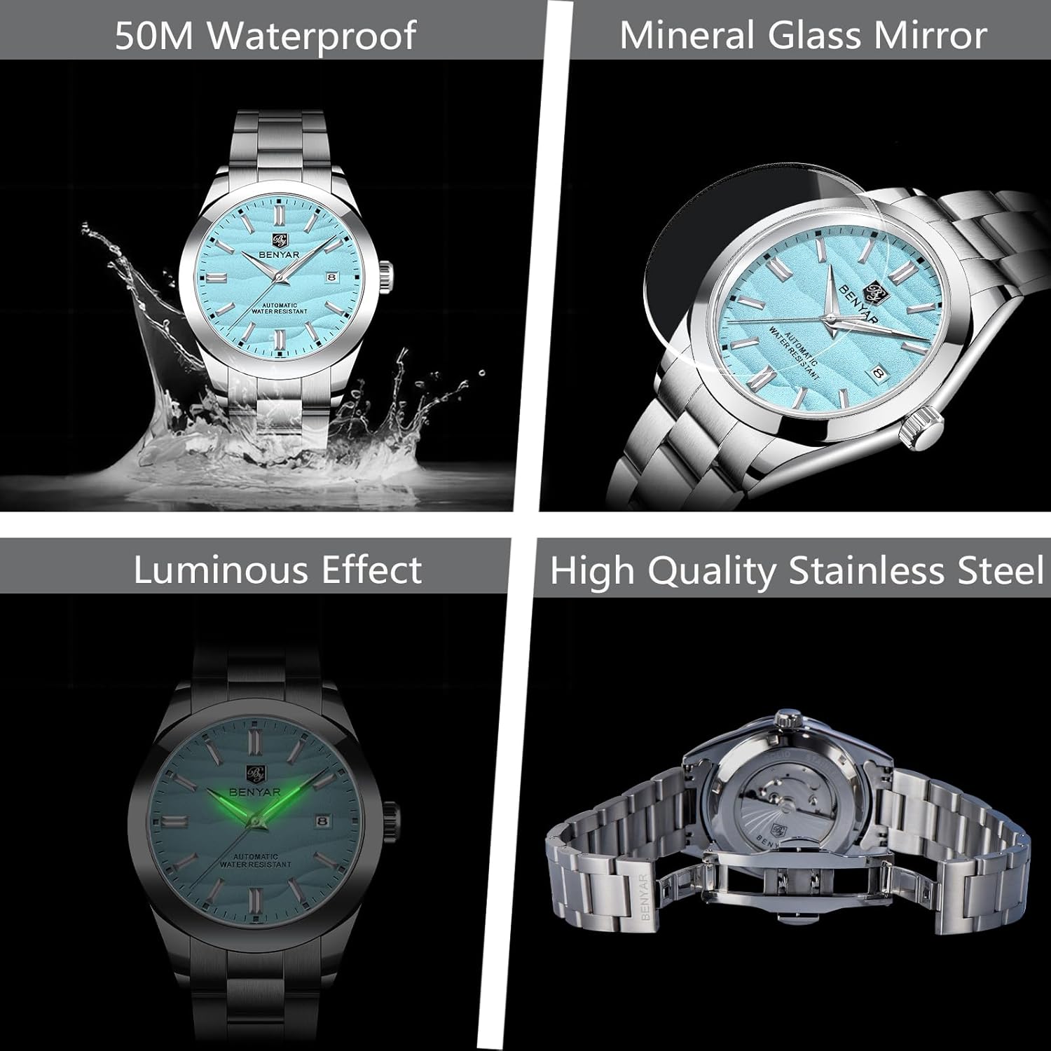 BENYAR Men's Automatic Watch 40MM Dial 50M Water Resistant Luminous Pointer with Date Display Classic Stainless Steel Watch for Men