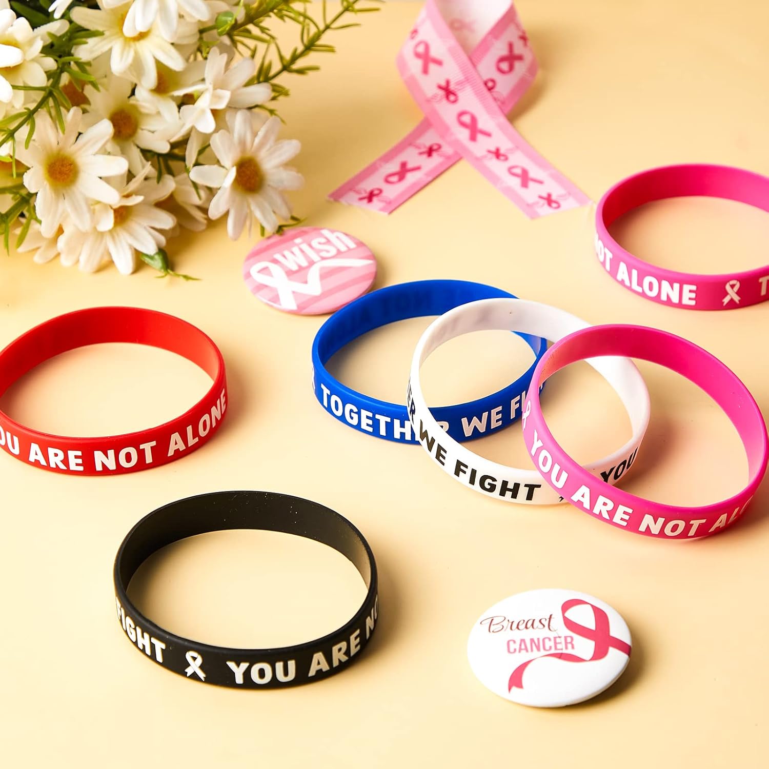 Chivao 36 Pcs Cancer Awareness Rubber Bracelet Ribbon Silicone Wristband with Saying Together We Fight, You are Not Alone, Gift for Patients, Family and Friends - Image 7