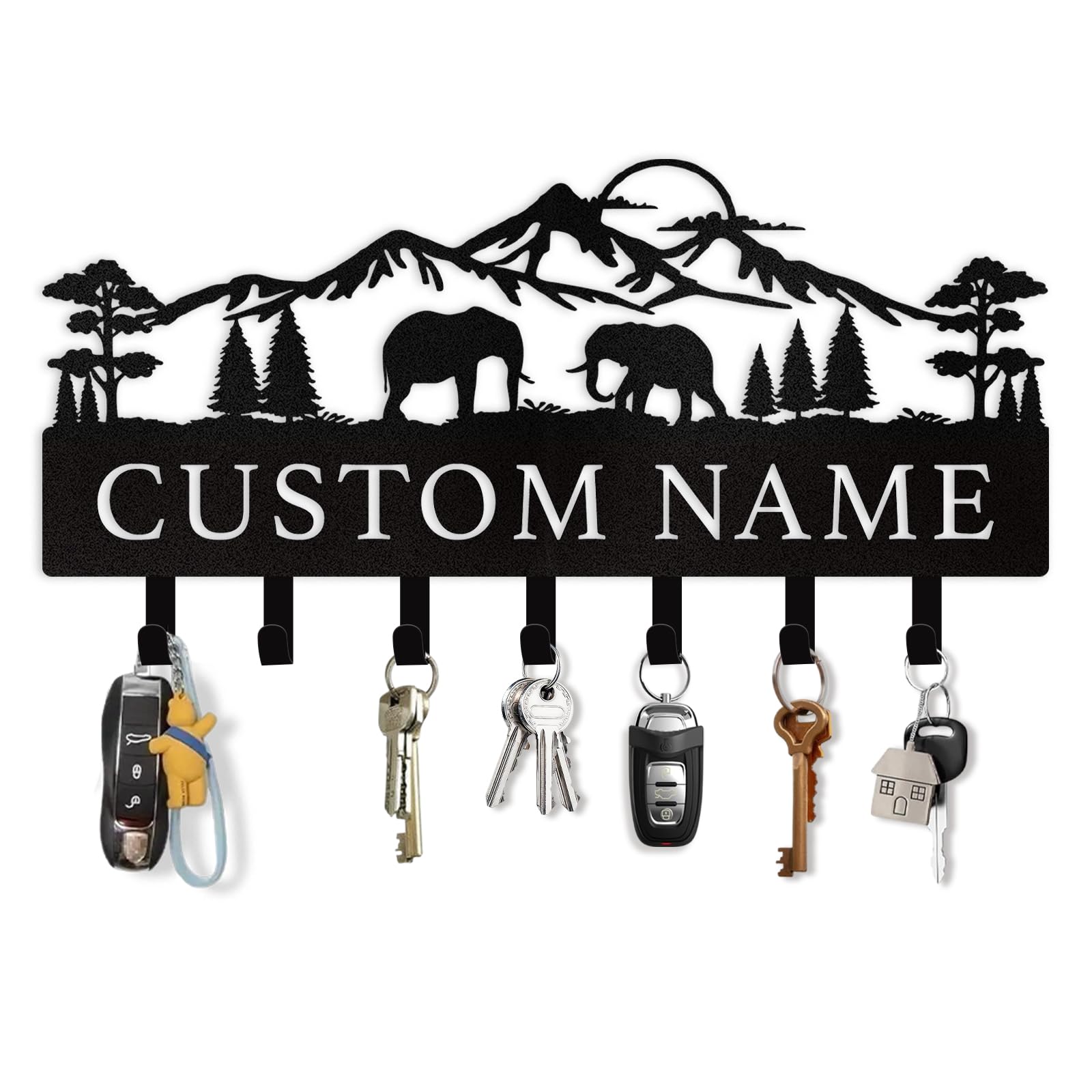 Custom Name Key Holder Wall Mount, Personalized Metal Elephant Key Hooks for Home Decor Gift, Safari Style Key Hanger for Entryway Living Room