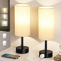Fenmzee Bedside Table Lamps Set of 2: 3 Color Temps, Pull Chain, AC Outlet & LED Bulbs - Compact Nightstand Lights for Bedroom Office