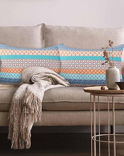 Miniatura 2 de Paquete de 2 fundas de almohada decorativas de algodón, bohemio, naranja, verde azulado, turquesa, rayas geométricas, 12 x 20 pulgadas, rectangular,