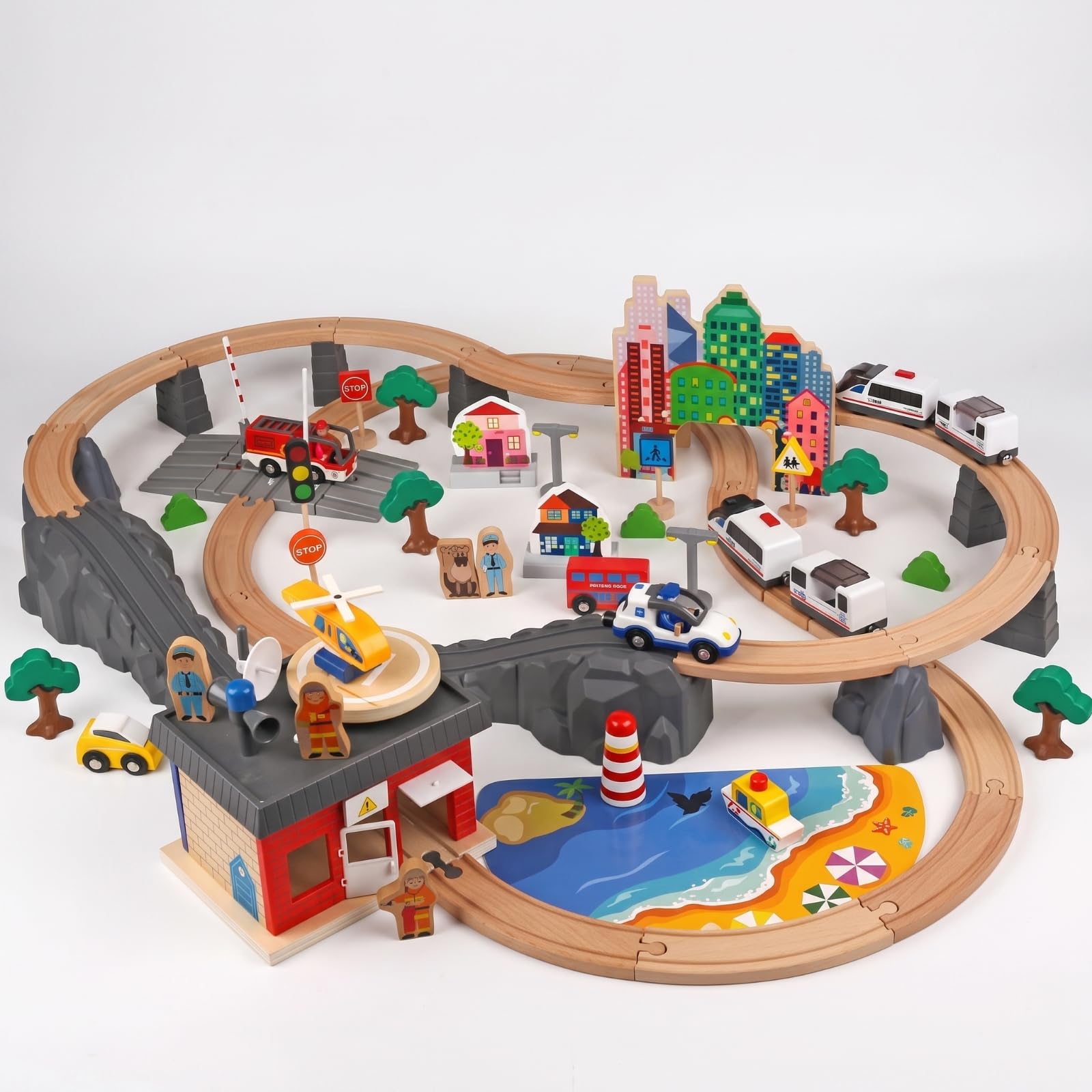 Train Électrique Rails Créatif Détails Peints à la Main, Circuit Ferroviaire en Bois, Éducatif, pr Chambre d'enfant, Pits