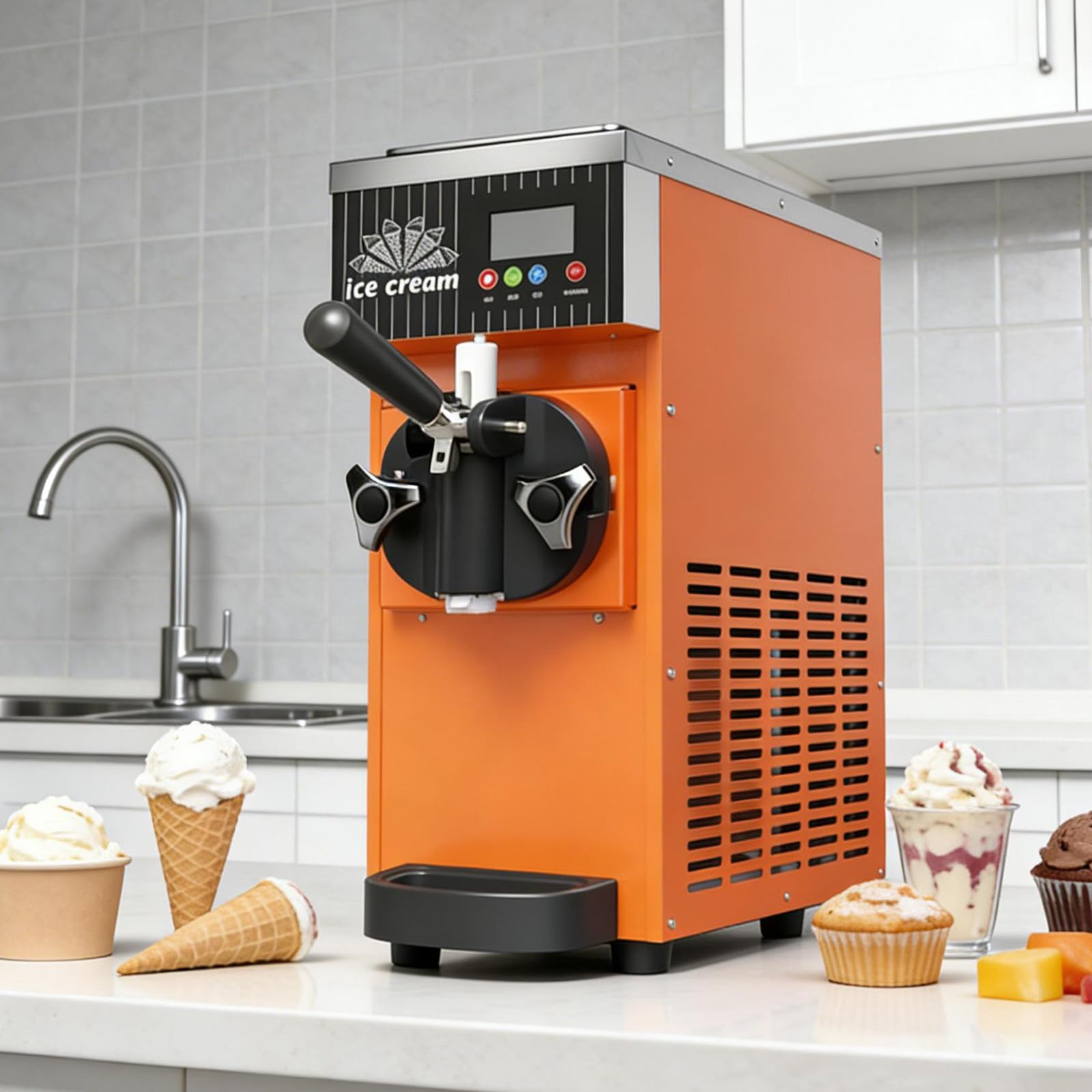 XUXIAO Commercial Soft Serve Ice Cream Maker, Single Flavor Ice Cream Machine, Countertop Dessert Maker, with Pre-Cooling,Auto Clean, for Restaurants and Shops​ Orange