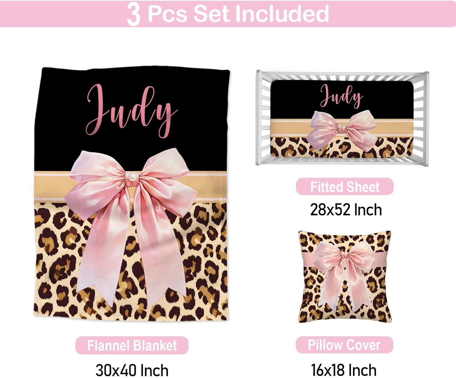 Personalized Baby Crib Bedding Set for Girls, Custom Name 3 Piece Pink Bow Nursery Bedding with Flannel Blanket, Fitted Crib Sheet & Pillowcase, Leopard Print Bedding Gift for Newborn Infant