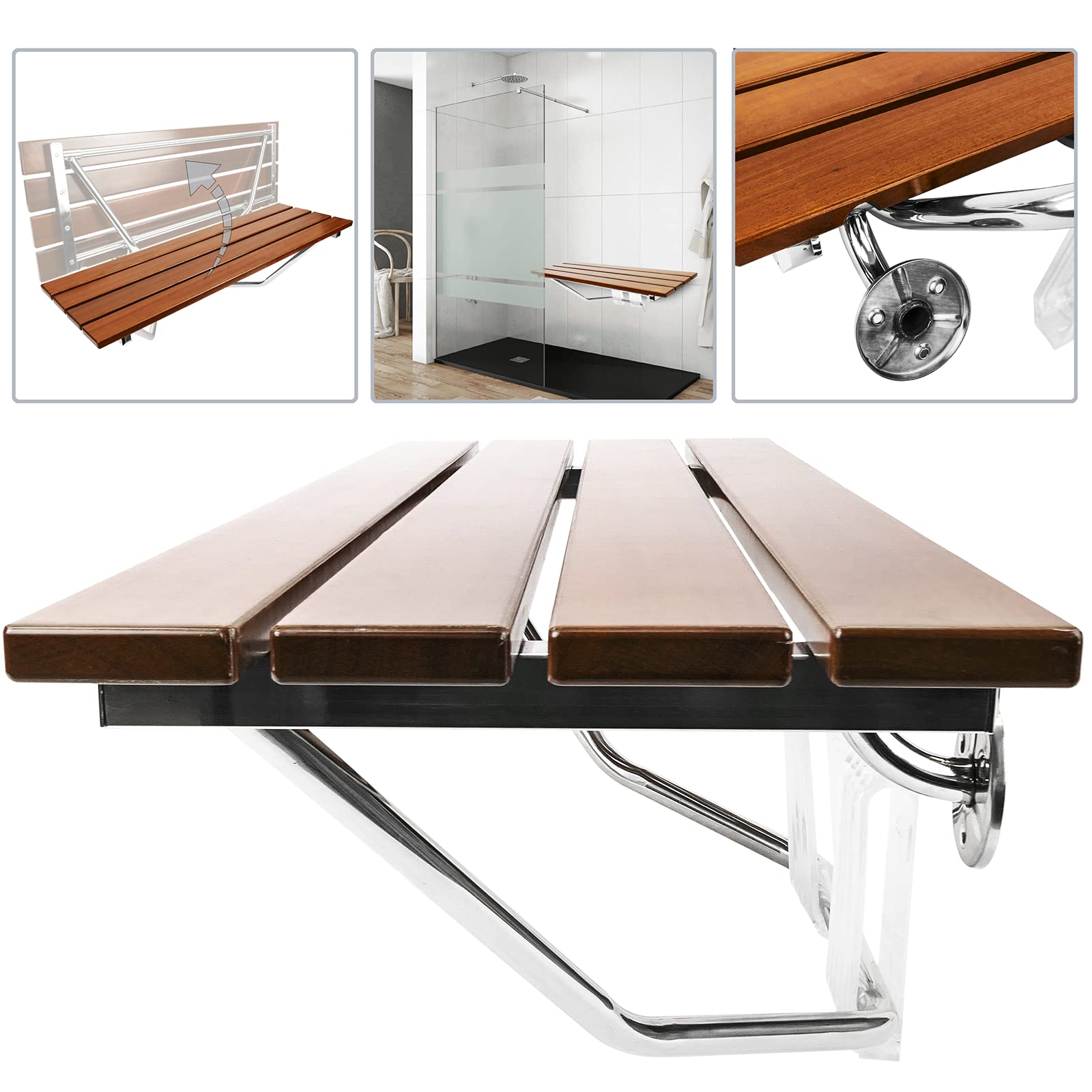 PrimeMatik - Asiento de Ducha abatible. Silla Plegable para Ancianos de Madera Tropical y Aluminio 900x338mm