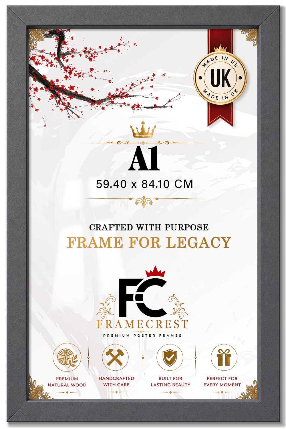 FRAMECREST LTD — A1 Poster Frame (59.40 X 84.10 CM | 33 X 23 Inch) | Sleek Dark Grey Border To Show Paintings, Photos And Prints Vertically Or Horizontally, Ideal For Home And Gallery