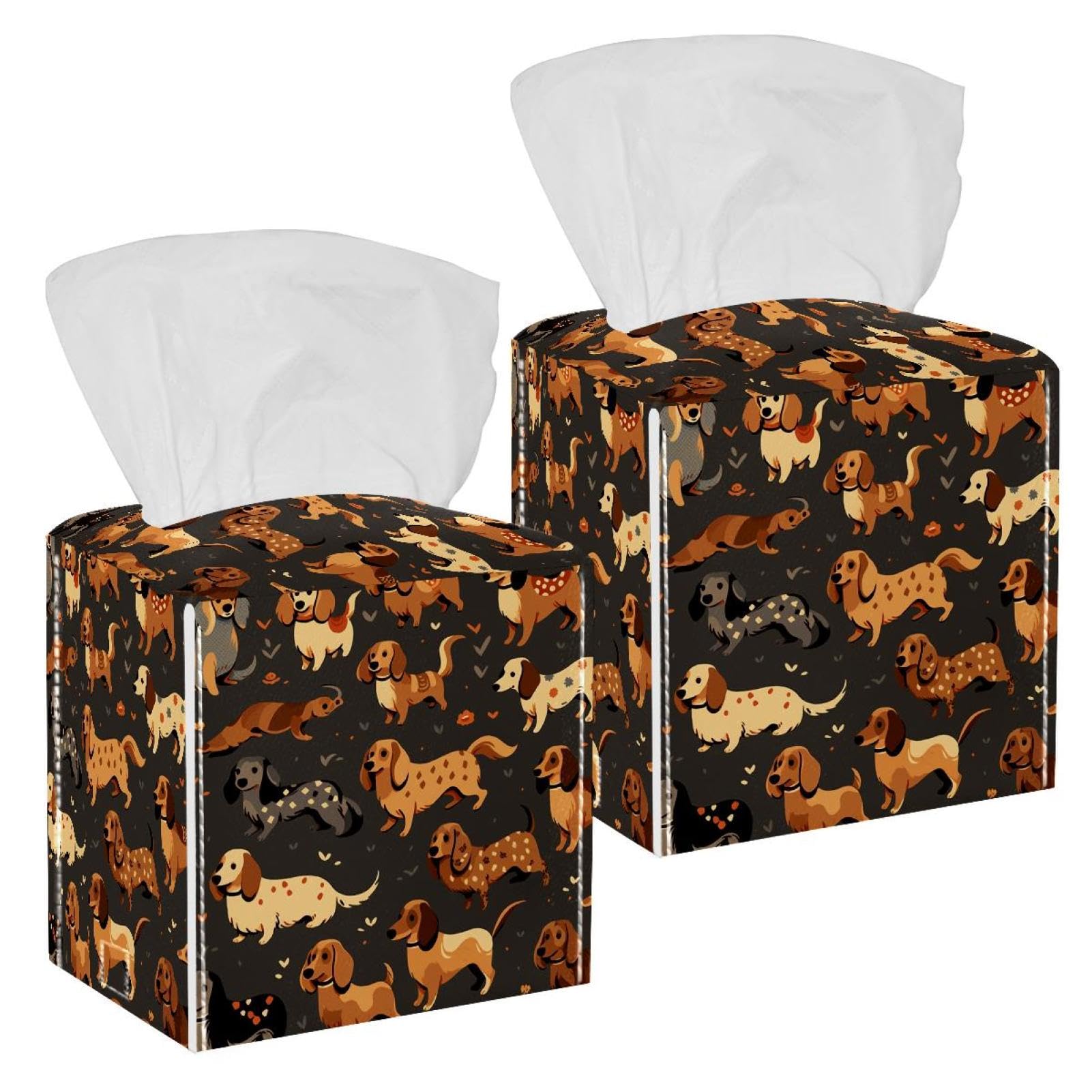 Cartoon Dog Tissue Box Cover, 2 Pack PU Leather Square Facial Tissue Dispenser Box holder for Home Office Car