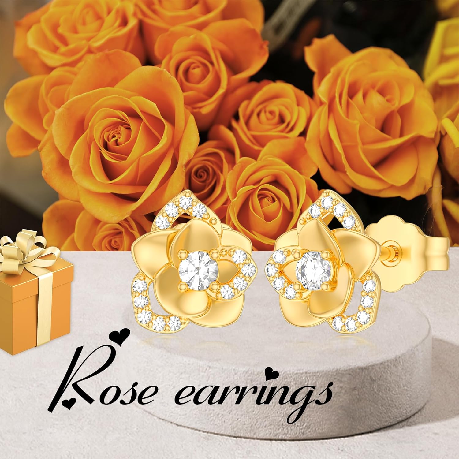 14K Yellow Gold Rose Flower Stud Earrings - Hypoallergenic Solid Gold Flower Rose Earrings Studs for Women Mom Mother Wife - Image 3