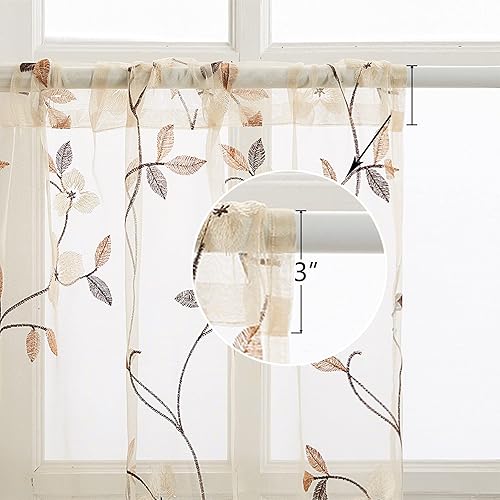 Vista 2 de MRTREES Sheer Tier Curtains, Floral Embroidered Cafe Curtains, Voile Flower Embroidery Kitchen Tiers Rod Pocket Small Half Window Curtain Treatment
