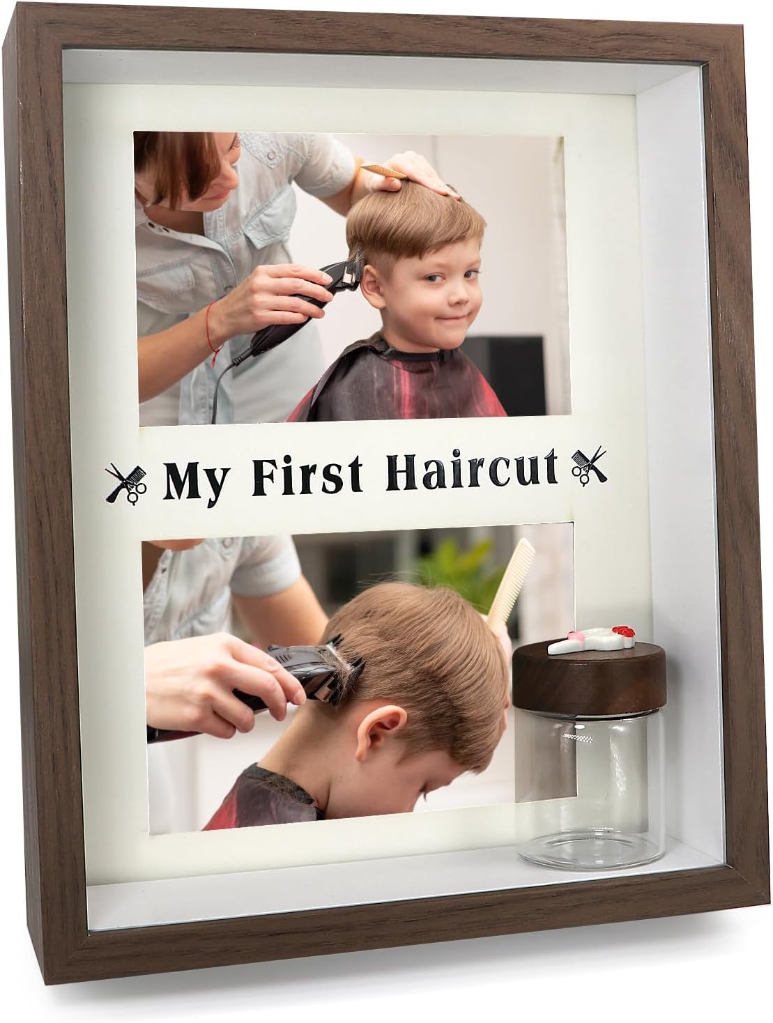 My First Haircut Keepsake Frame for Baby Boys & Girls – Glass Jar for Hair Lock,Personalized Memory Gift for Newborn, Infant, Toddler，Parents，grandparents (brown)
