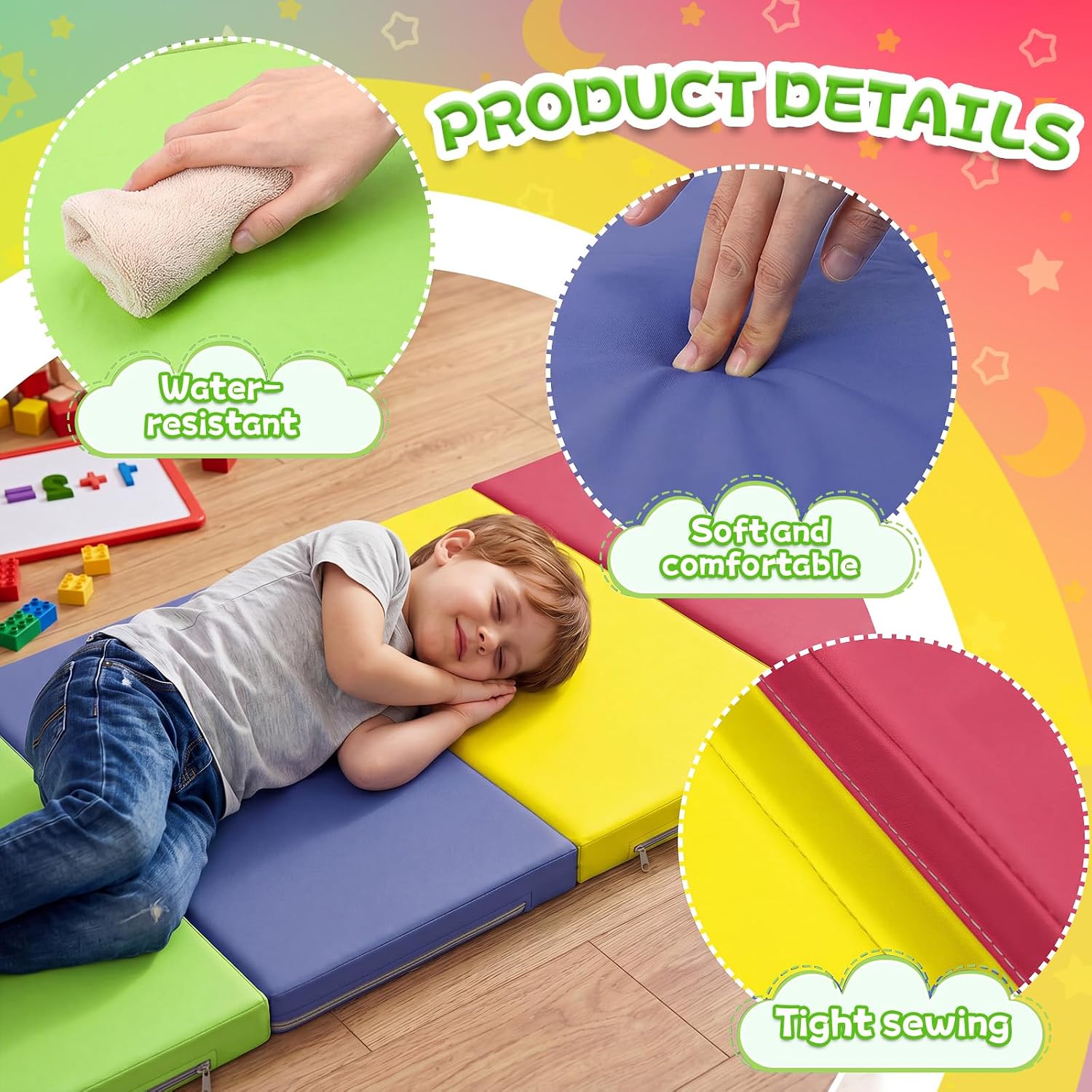 Wesiti Nap Mats for Preschool 1.37 inch Thick 47x24 " Folding Rest Mat 4 Section, Sleeping Pad for Kids Children Daycare Nap School Classroom Kindergarten Daycare Travel Home, Colorful