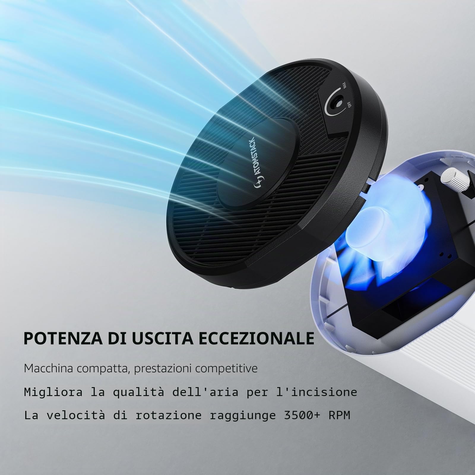 ATOMSTACK D3 Purificatore d'aria per incisione laser efficienza di filtrazione del 99,9%, sistema di filtraggio a 5 strati, motore da 3500 giri/min deodorizzazione con carbone attivo