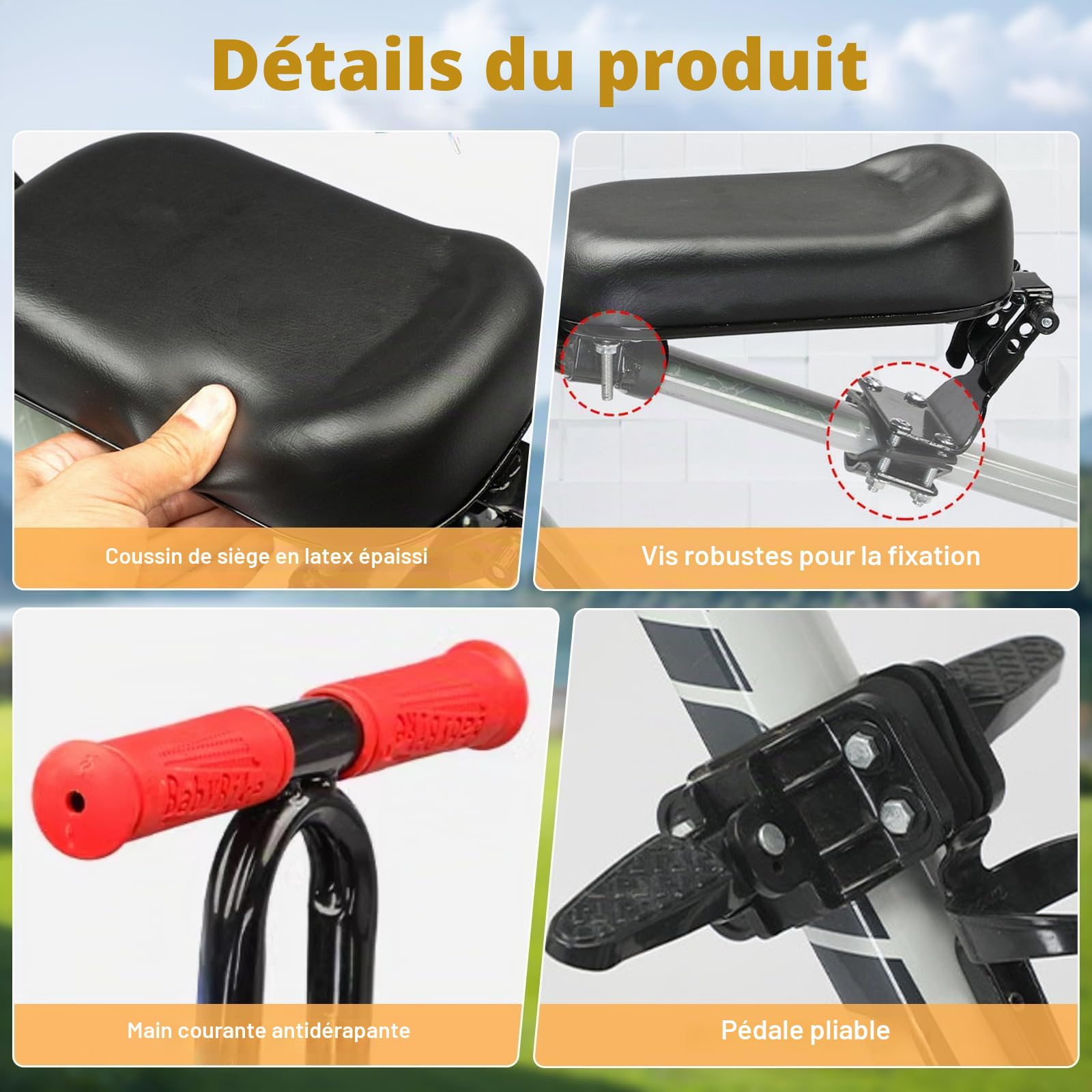 Lot de 3 Sièges de Vélo Monté à Avant pour Enfant avec Guidon et Repose-Pied, Ultra léger, Portable, Pliable, sans Outil