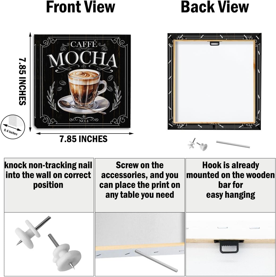 4 PCs Coffee Wall Decor Canvas Wall Art Framed Art Coffee Bar Decor Posters, Gifts for Coffee Lovers, Coffee Bar Sign, Artwork for Walls Coffee Station Dining Room Kitchen Home Office Decor