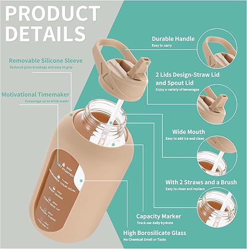 Miniatura 3 de CIVAGO Botella de agua de vidrio de 64 onzas con popote y asa, botella de agua motivacional deportiva de medio galón con marcador de tiempo y 2