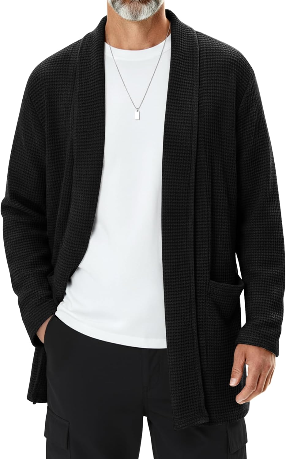 Men's Shawl Collar Cardigan Sweater Open Front Waffle Textured Knit Long Casual Cardigan with Pockets