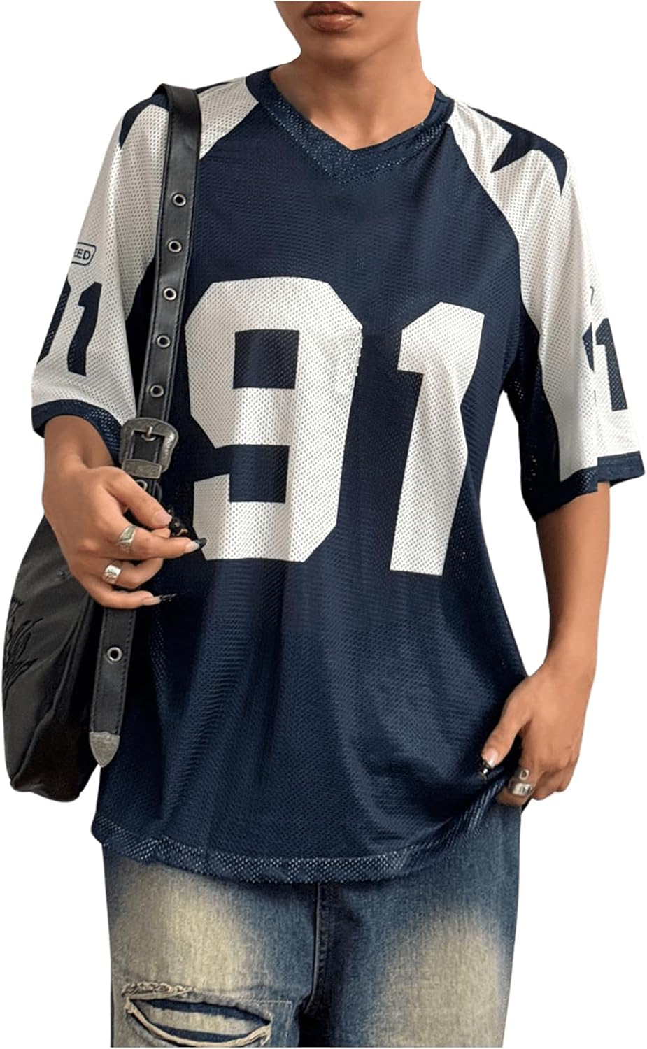 SHENHE Women's Oversized Graphic Football Jersey Shirt Mesh Short Sleeve Tee Top Streetwear