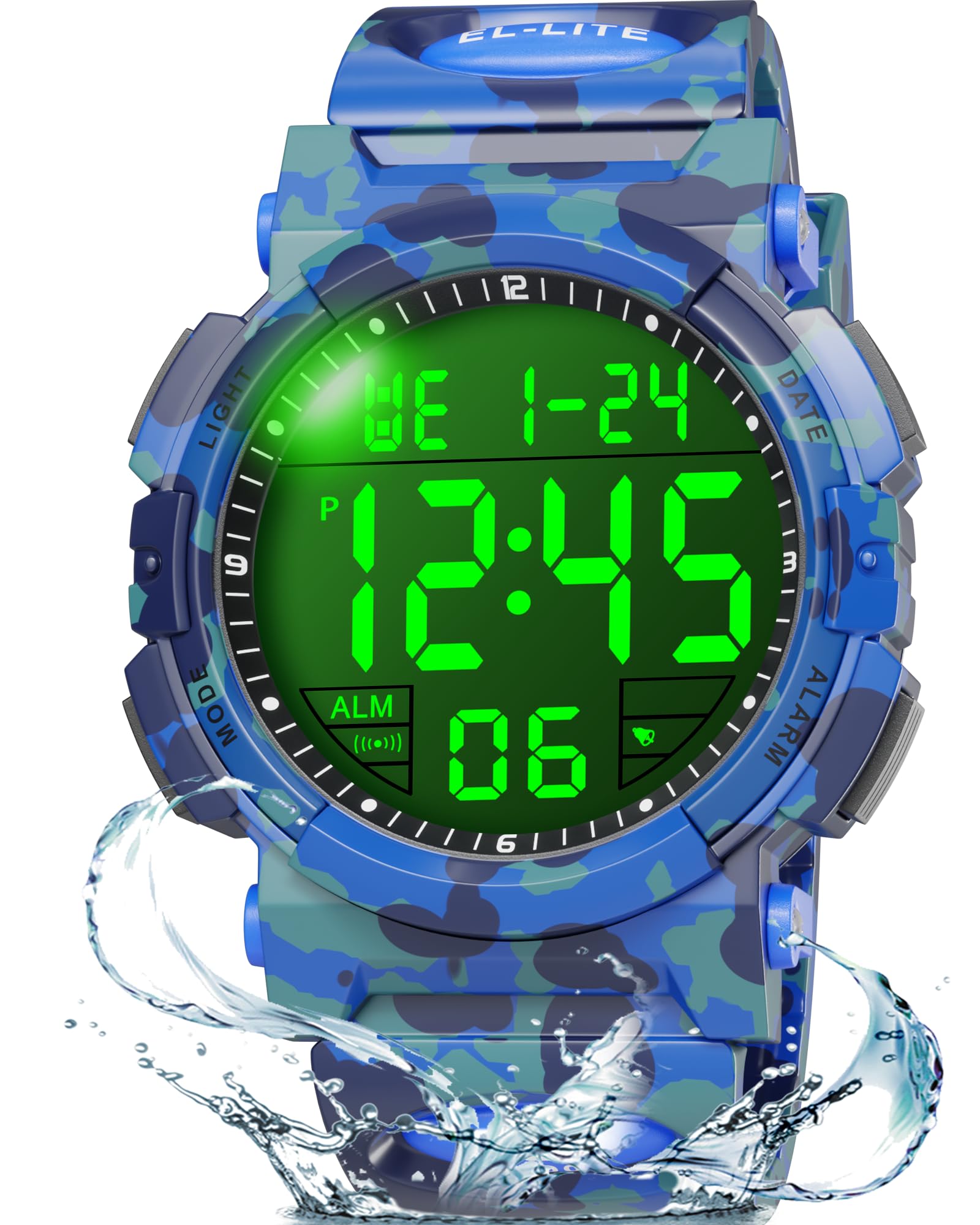 Edillas Reloj digital impermeable hasta 30 m con alarma, para niños activos (azul camuflaje)