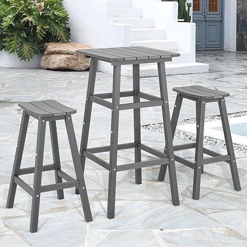 Outdoor Bar Table & Chair Set, 3 Pcs HDPE Round Height Bar Table, Adirondack Bar Set for Balcony, Garden, Poolside (Grey)