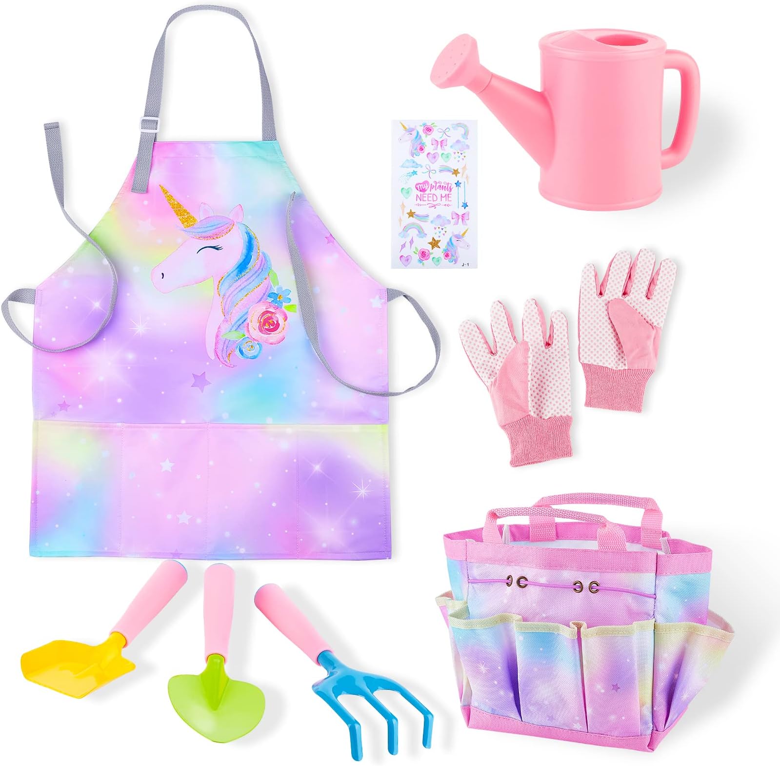 FIODAY Kids Gardening Set, Garden Tools for Kids with Watering Can, Shovel, Rake, Gloves, Waterproof Unicorn Apron with Pocket, Storage Bag and DIY Sticker Gardening Kit Gift for Girls
