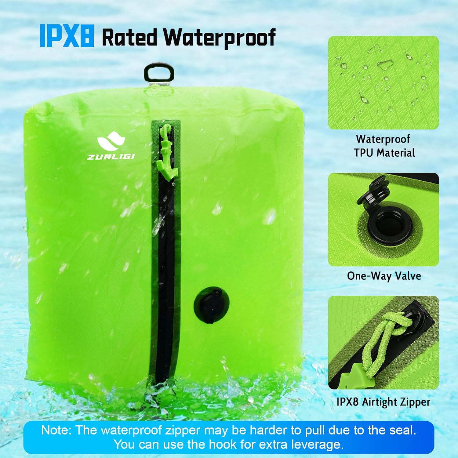 Zurligi Vacuum Bags with Pump for Travel – IPX8 Waterproof Reusable 39L Carry-On Compression Bags with Shoulder Strap for Clothes, Suitcase & Luggage(1-Pack, Green) - Image 3