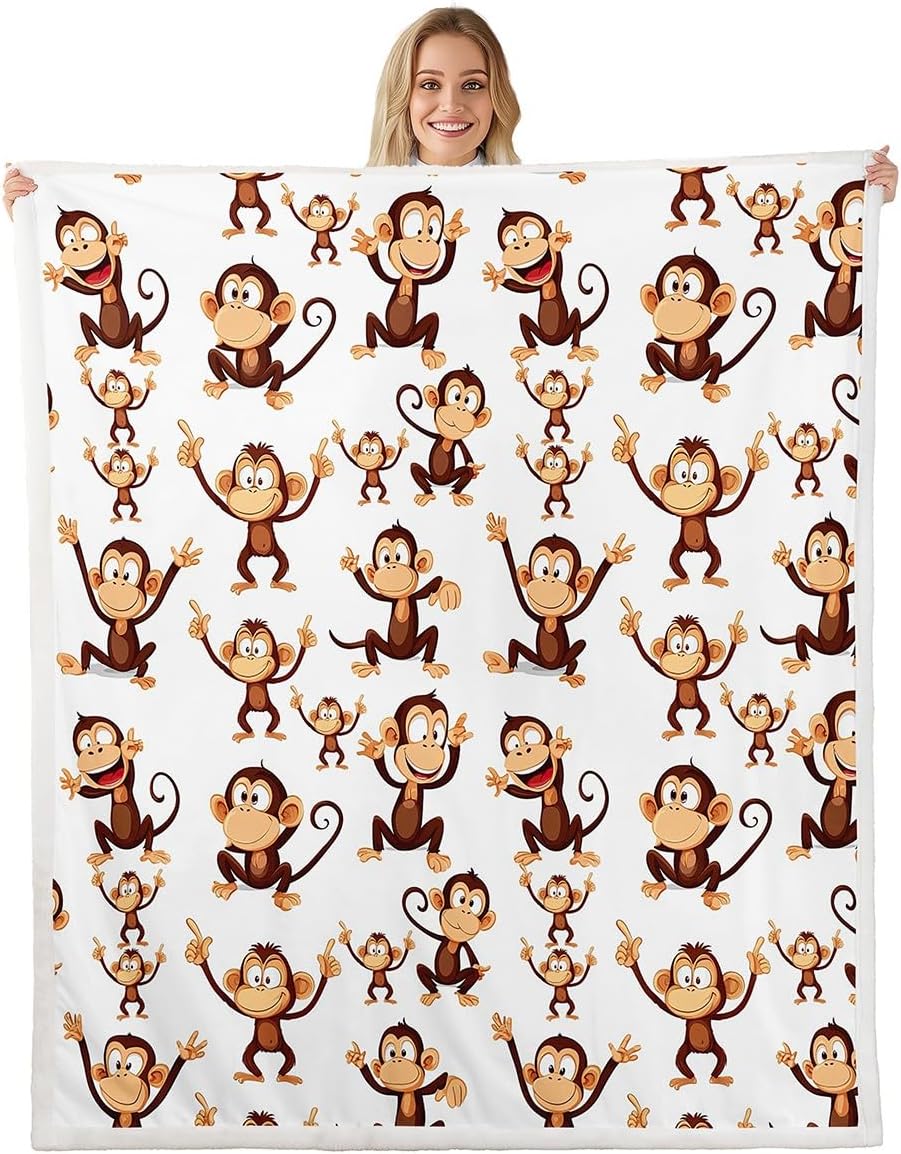 Feelyou Monkey Sherpa Blanket Cartoon Animal Pattern Throw Blanket Cute Monkey Plush Blankets and Throws for Kids Boys Girls 50" x 60"