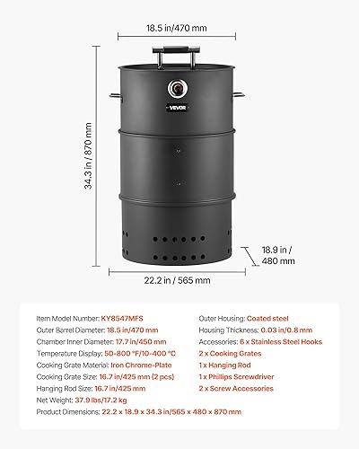 Miniatura 7 de VEVOR Parrilla ahumadora de carbón, ahumador de carbón de barril de 18.5 pulgadas, parrilla de barbacoa de acero recubierto para exteriores con 2